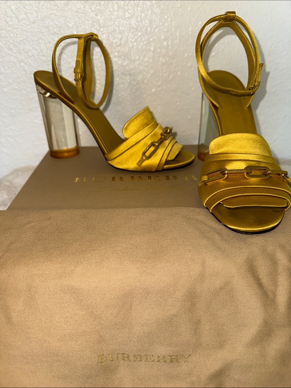 Burberry Coleford Satin Block Heel Ankle Strap Sandals in bright marigold 2019
